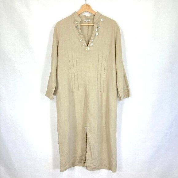 Rivieres de Lune 3/4 Sleeve Open Cuff 100% Linen Midi Dress Light Beige - Picture 1 of 10